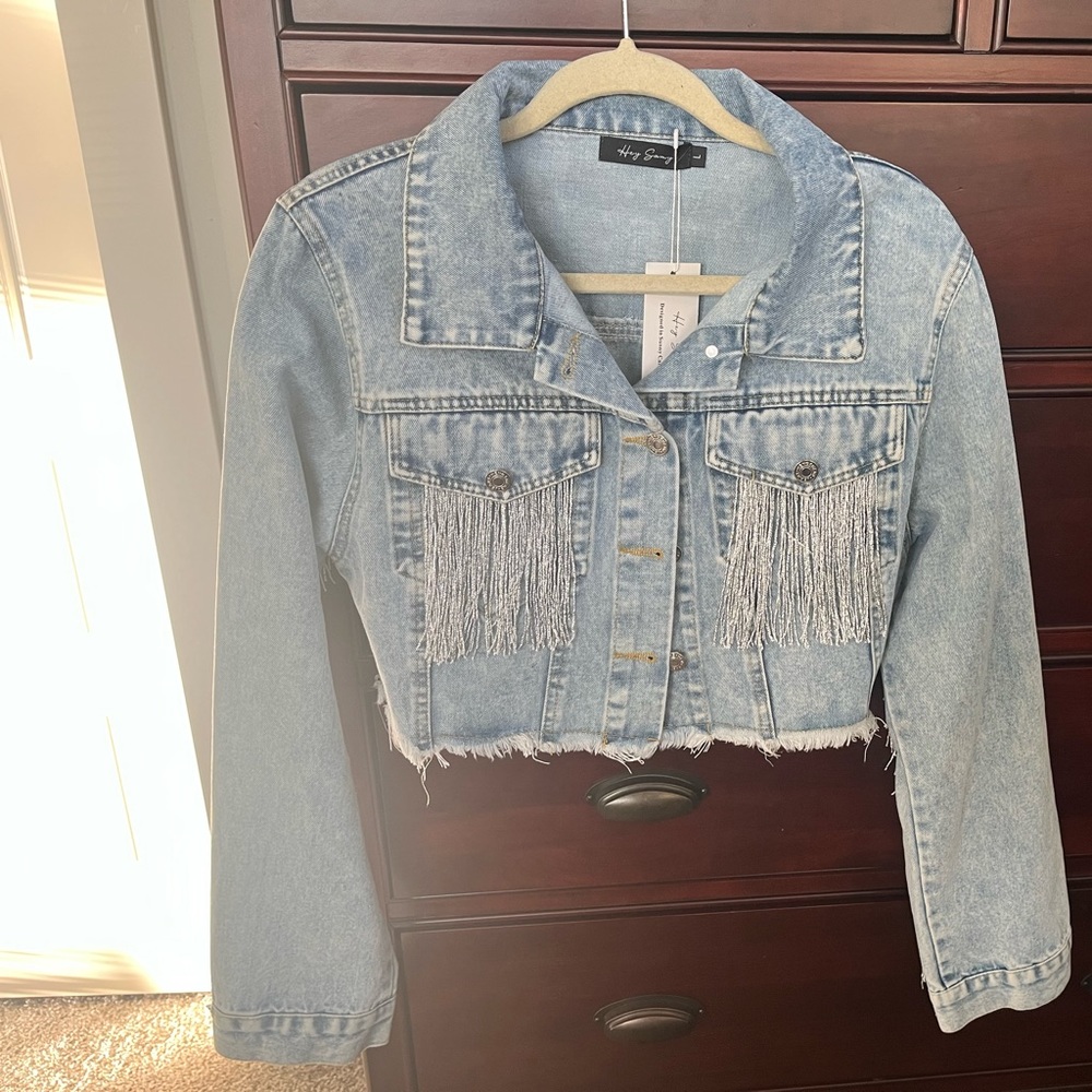 New with tag denim cropped jacket with fringe